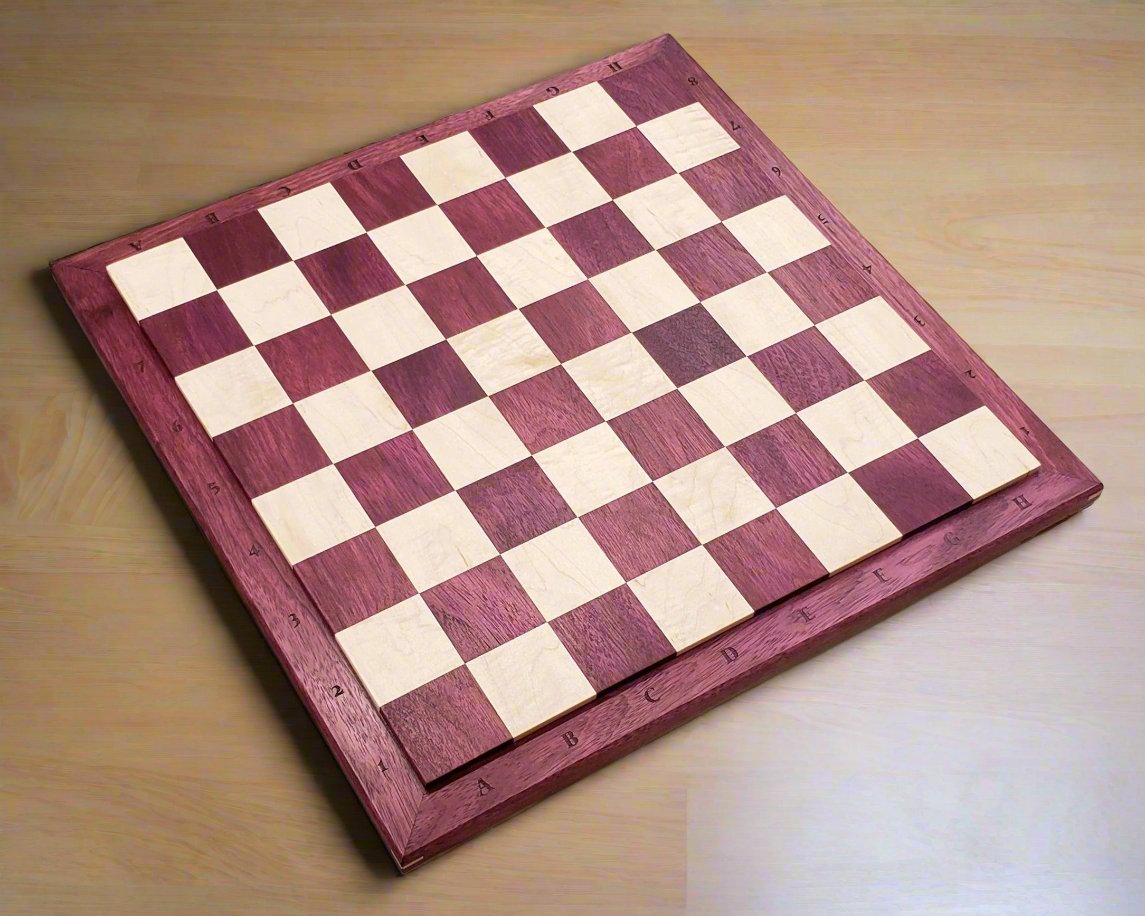 The Richard Chess Board with Notation - 100% Hardwood - Premium Purple Heart & Maple - Natural Colour - Tournament Quality - Made in Canada