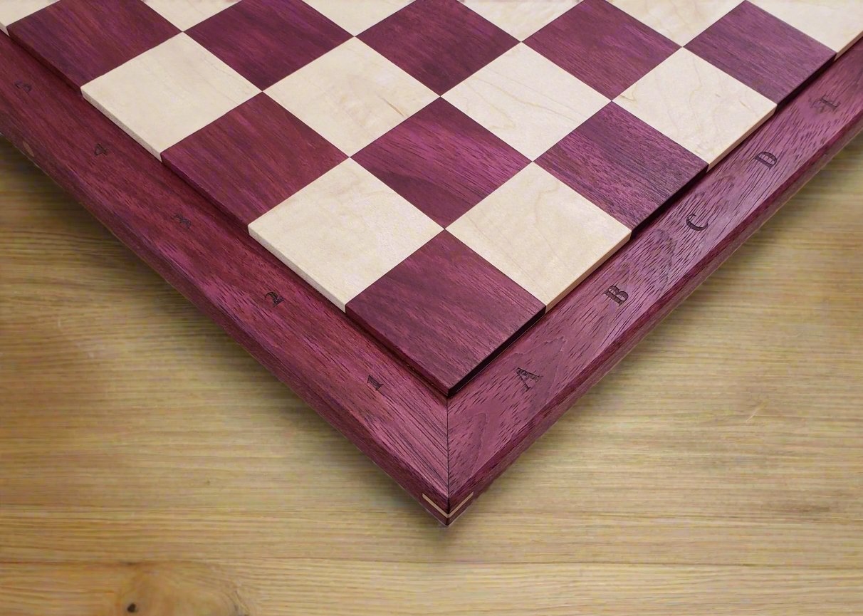 The Richard Chess Board with Notation - 100% Hardwood - Premium Purple Heart & Maple - Natural Colour - Tournament Quality - Made in Canada