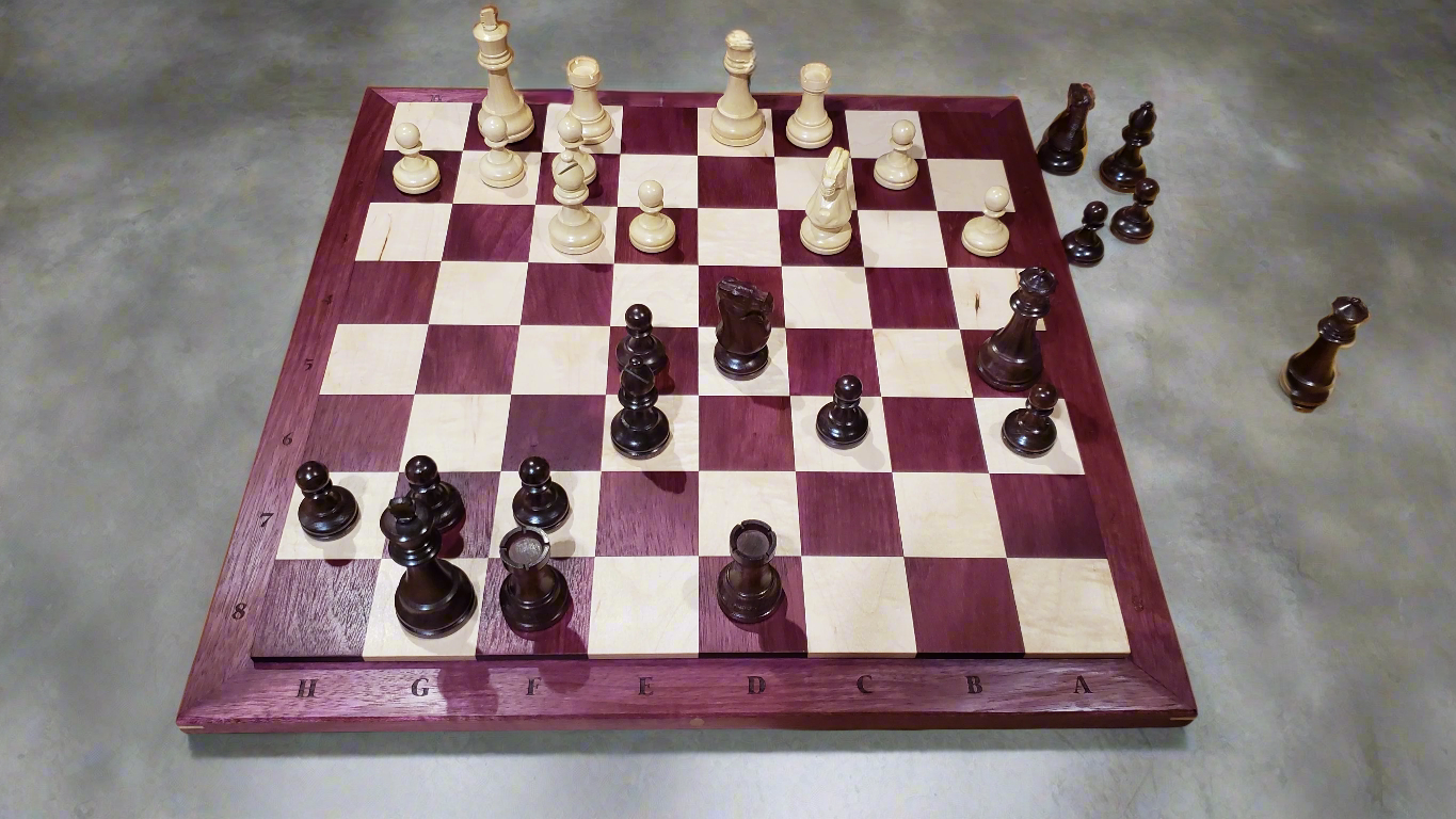 The Richard Chess Board with Notation - 100% Hardwood - Premium Purple Heart & Maple - Natural Colour - Tournament Quality - Made in Canada